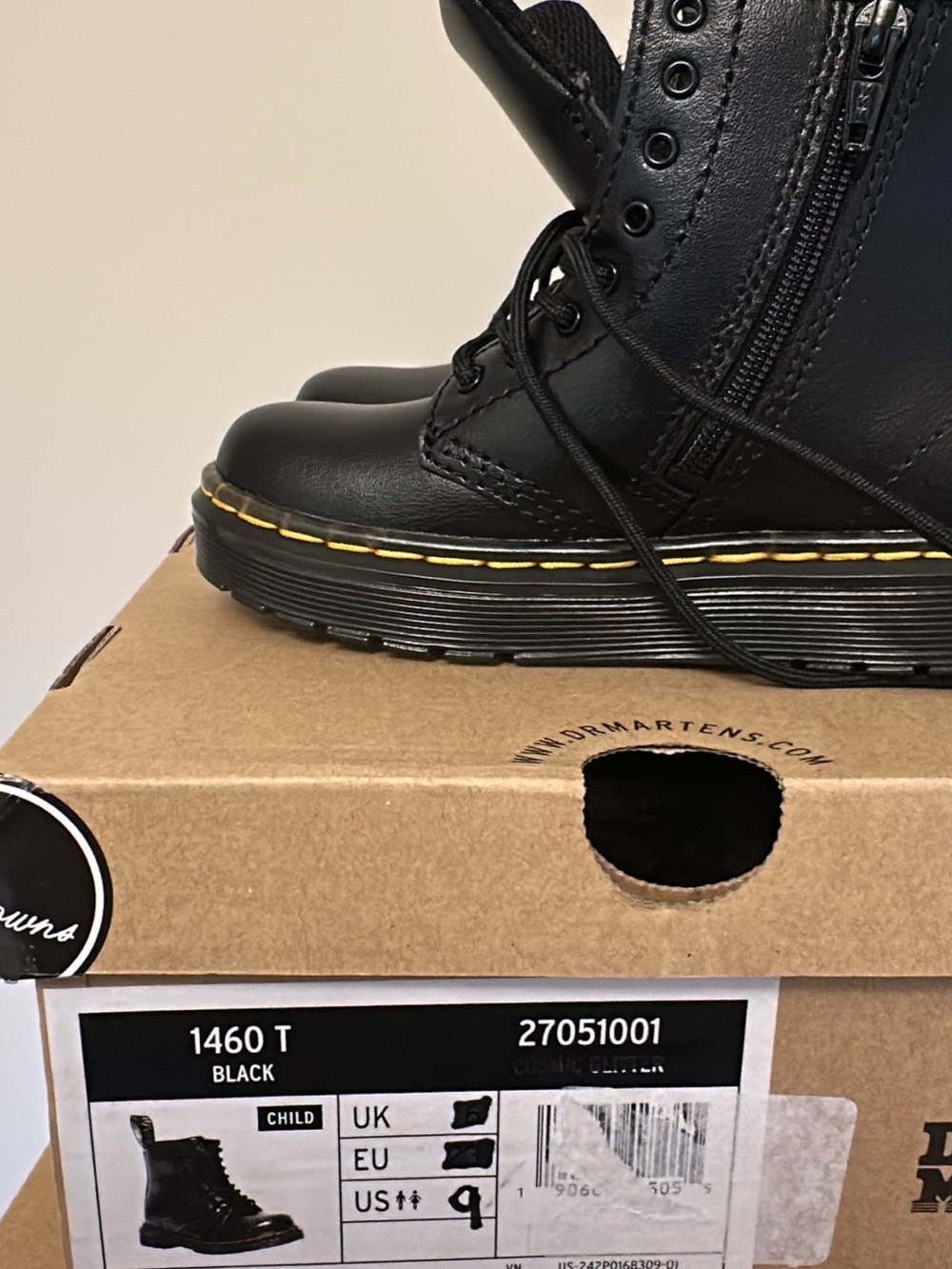 Dr. Martens Black Leather Combat Boot with Yellow Stitching